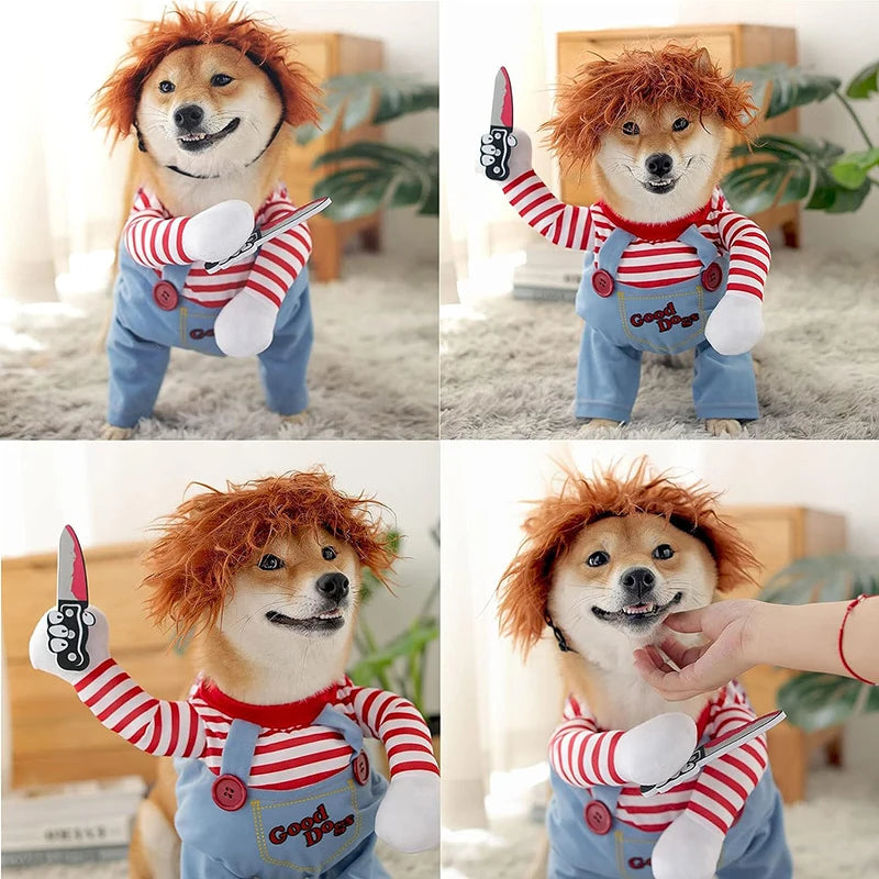Pet Halloween Costume Dog Clothing Chucky Jumpsuit Dog Deadly Doll Cosplay Funny Party Costume Dog Clothes for Small Medium Dogs