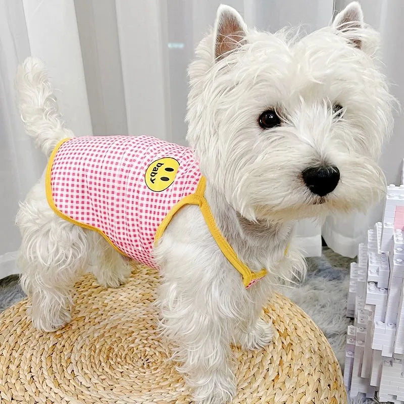 Summer Suspenders Dog Clothes Cute Smile Plaid Dog Vest Pet T-Shirt Chihuahua Pug Bichon 2024 Puppy Apparel Girls Dog Shirt