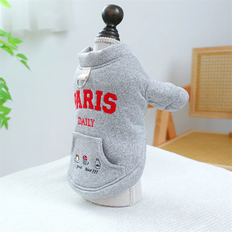 Embroidery Paris Pet Cat Sweatshirt for French Bulldog Warm Fleece Small Medium Dog Clothing New Year Winter Red Puppy Overalls