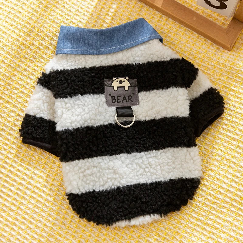 Velvet Warm Pet Cat Sweatshirts Chihuahua Half Sleeve Denim Collar Designer Striped Puppy Winter Clothes Soft Overalls for Yorks