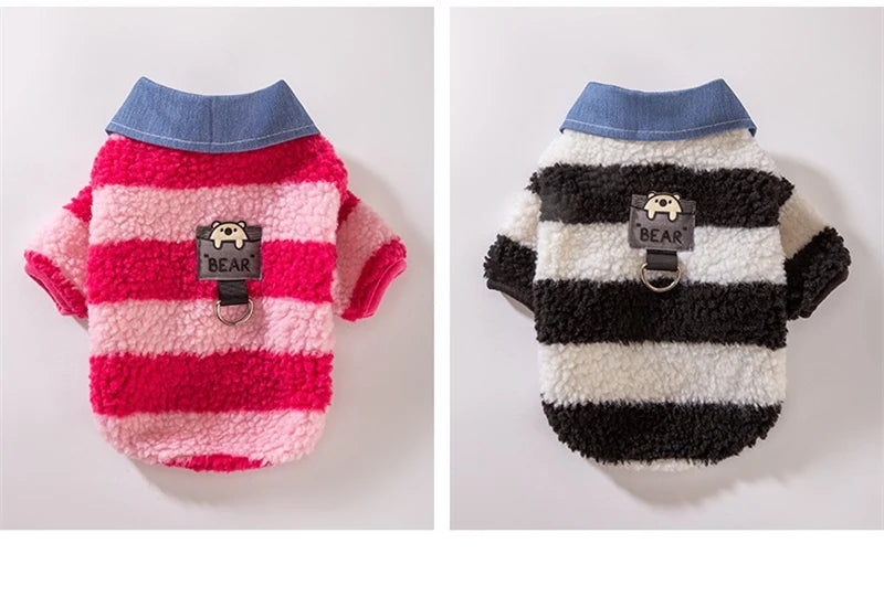 Velvet Warm Pet Cat Sweatshirts Chihuahua Half Sleeve Denim Collar Designer Striped Puppy Winter Clothes Soft Overalls for Yorks