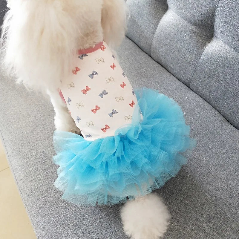 2024 Hot Pet Summer Tutu Skirt Bow Printed Mesh Fashion Petticoat Skirt Small Dog costume Teddy Summer Two Legged Clothes Thin