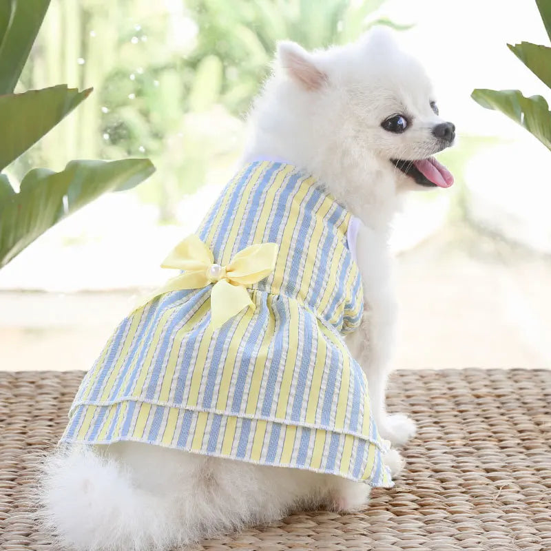 Bow Tie Decorate Dog Fancy Dress Stripes and Lattice Pink Pet Skirt Sleeveless Girl Wedding Party Pet Skirt Clothing for Cats