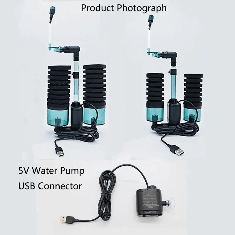Aquarium USB Filter With Water Pump Electric For Fish Tank Air Pump Skimmer Biochemical Sponge Aquarium Bio Filter USB Connector