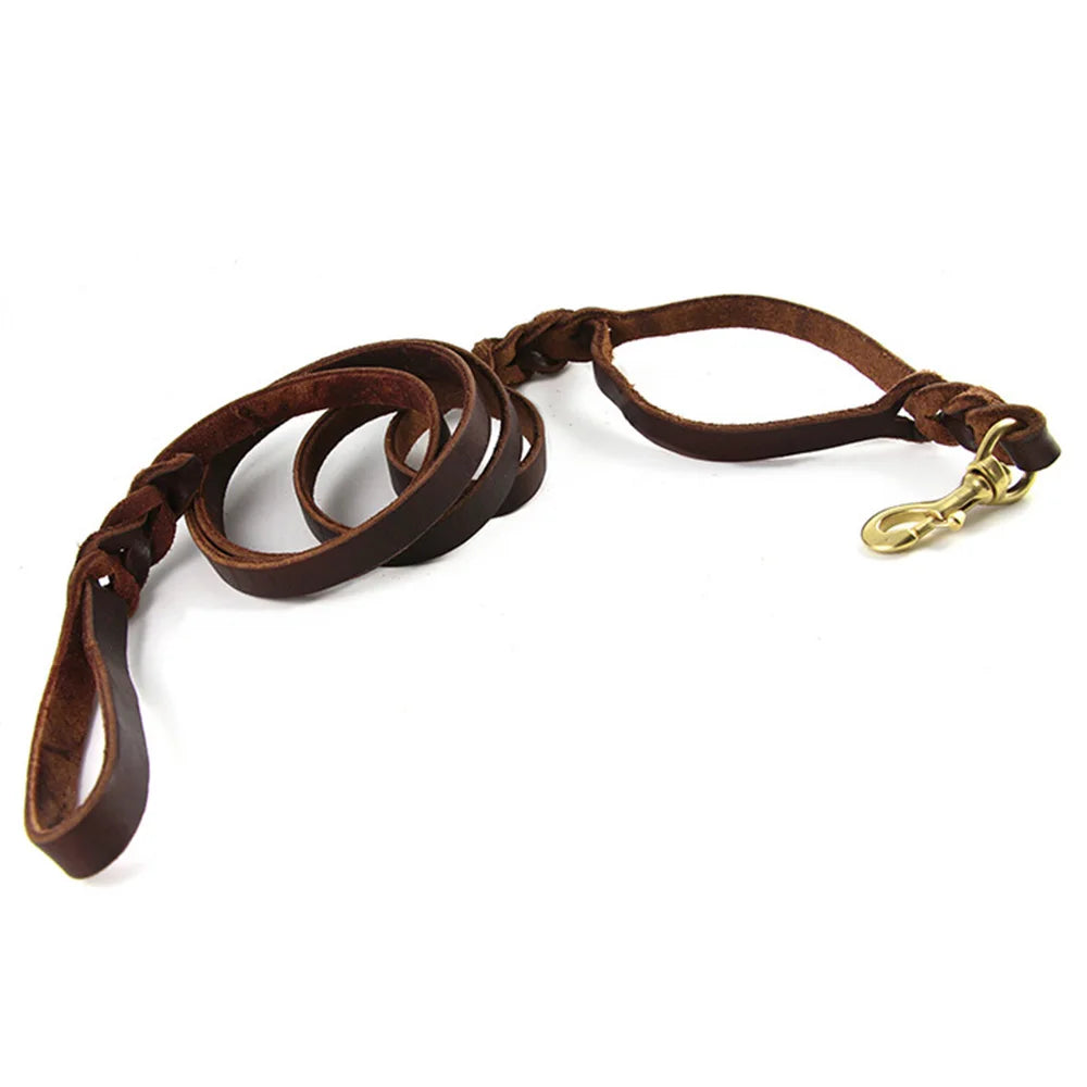 Braided Leather Dog Leash with Traffic Handle Two Handles Leather Dog Leash Leads for Training Bulldog Pit-bull Pet Dog Supplies