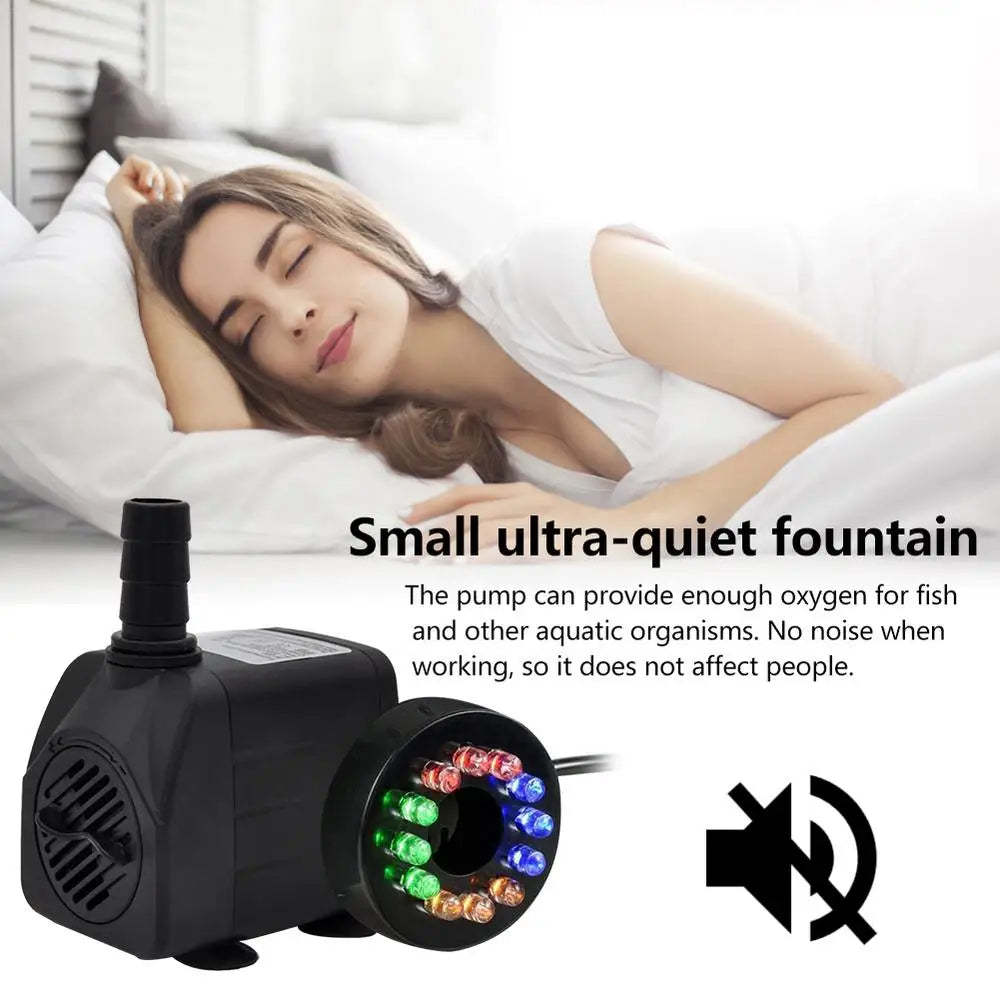 W Ultra Quiet Submersible Water Fountain Filter Fish Pond Aquarium Water Pump Tank Fountain With 12 Lights