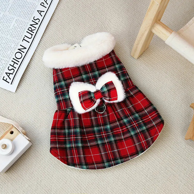Christmas Plaid Clothes Thermal Fleece Lined Dog Winter Dress Coat with Luxury Faux Fur Collar for Small Dogs Puppy York Beagle