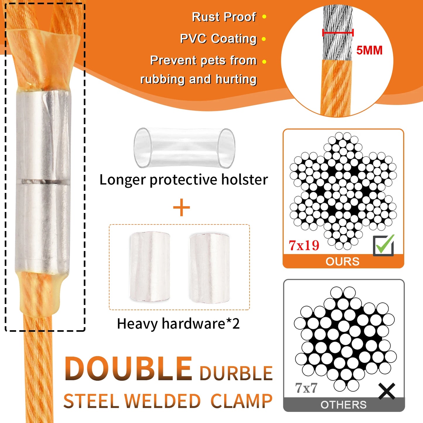 Steel Wire Dog Tie Out Cable, Dog Runner for Yard, Durable Superior Clips, Silver Dog Chains