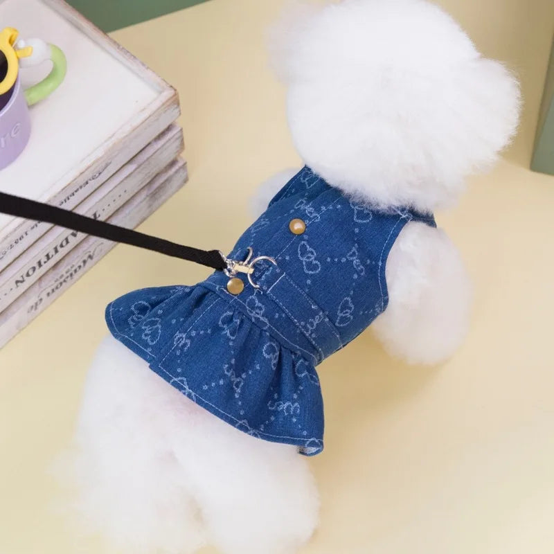 Dog Denim Dress for Small Dogs, Dark Wash Jeans Vest Tutu Skirts with Leash D-ring,Summer Clothes Yorkie Chihuahua Pet Apparel