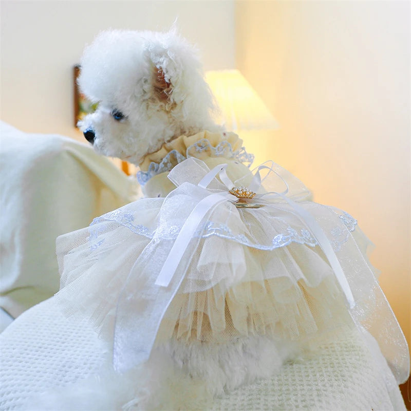 Sweet Princess Female Puppy Summer Clothes Wedding Party Dress for Dogs White Lace French Bulldog Small Medium Pet Cat Clothing