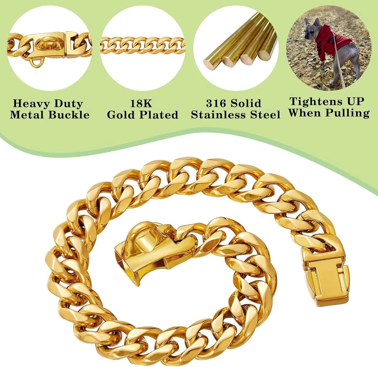 Heavy Duty Dog Chain Collar with Dog Paw Pendant 15MM Wide Stainless Steel Metal Cuban Link Chain Collar for Small Medium Dogs