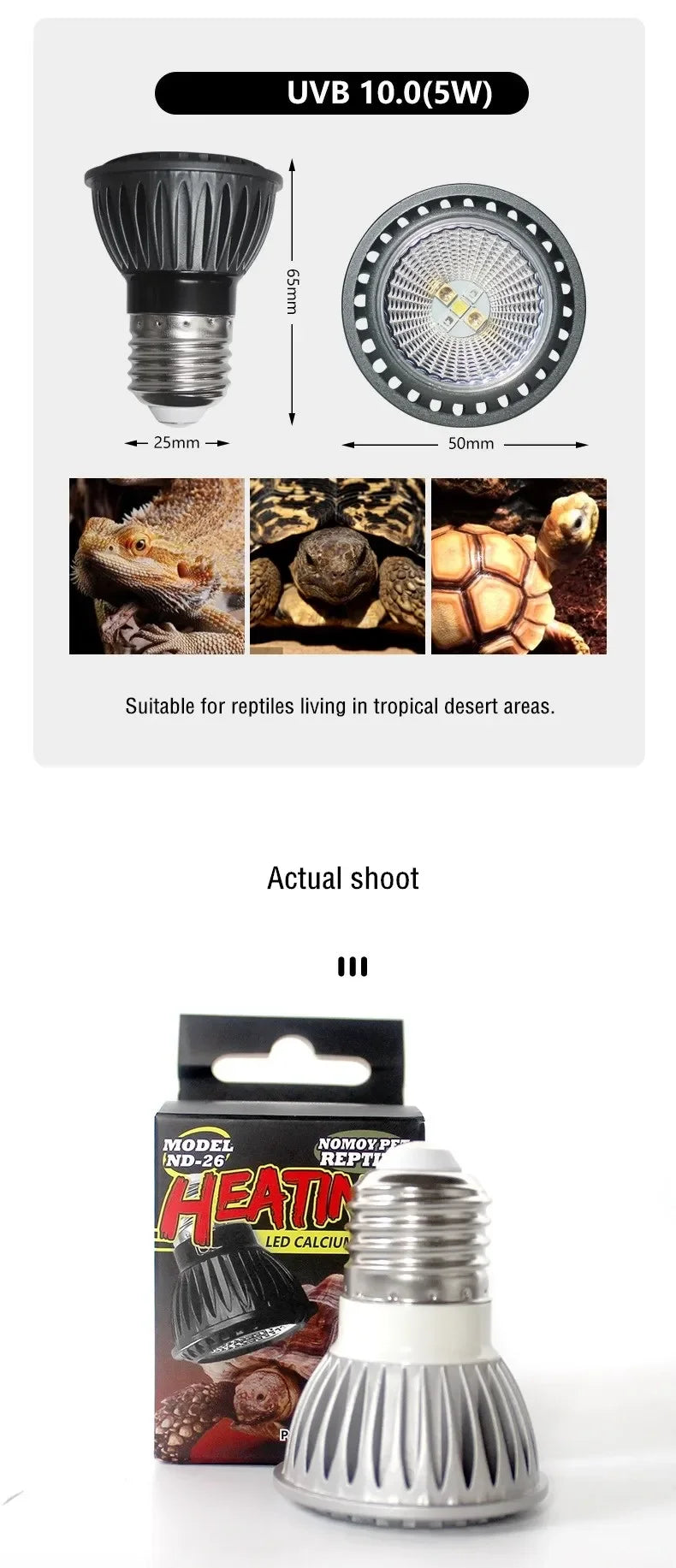5.0/10.0 Full Spectrum UVA UVB LED Reptile Turtle Basking Light Sun Lamp Sunbathe Heat Lamp for Lizard Reptiles Amphibians