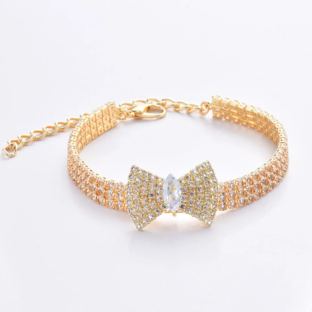 Adjustable Crystal Pet Necklace Cute Rhinestone BowTie Dog Collars Kitten Puppy Jewelry Necklace Photo Props for Small Animals