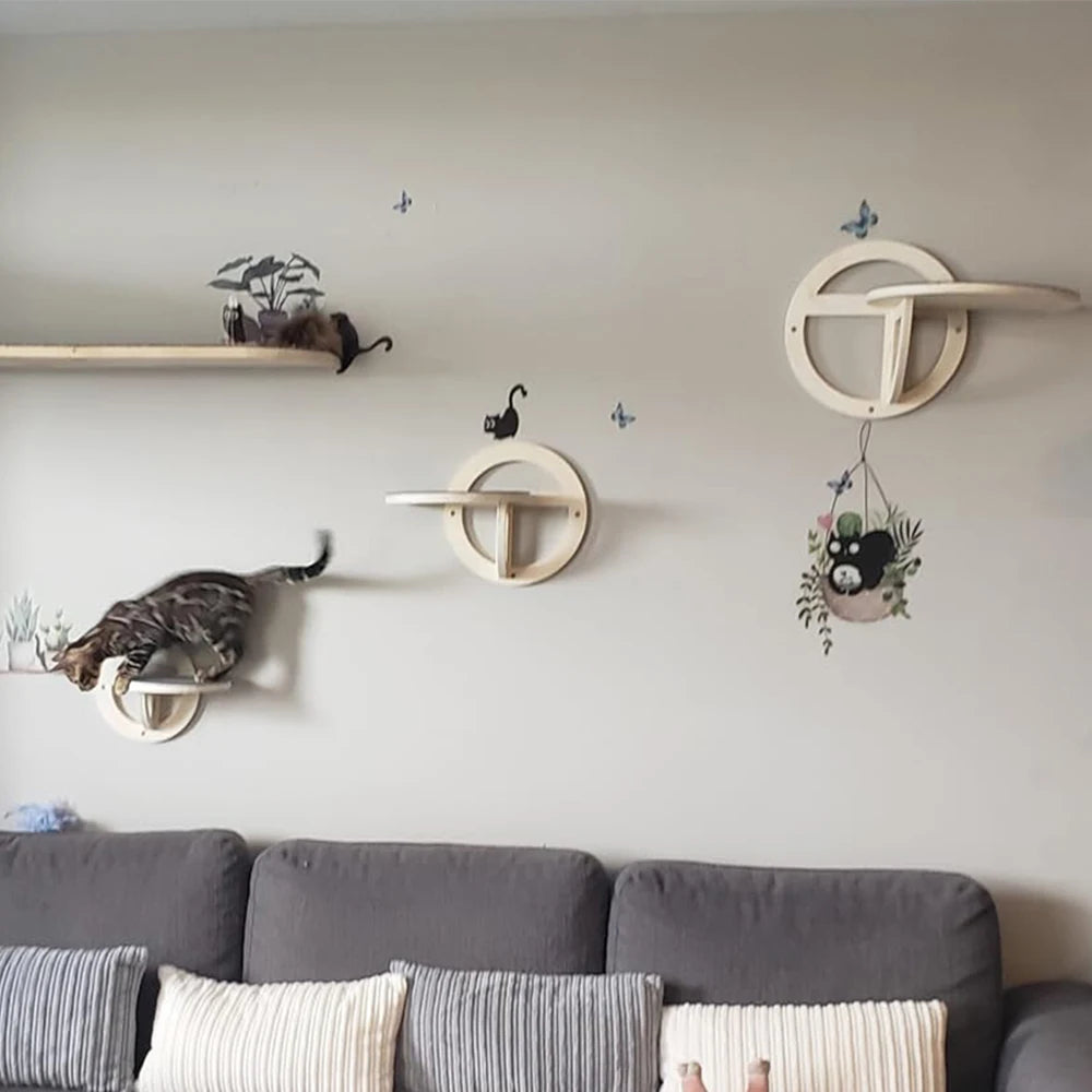 Cat Tree Wall Mounted Climbing Shelves Wooden Hammock with Ladder and Cats Perch Sleeping Pet Indoor Playground Pet Furniture