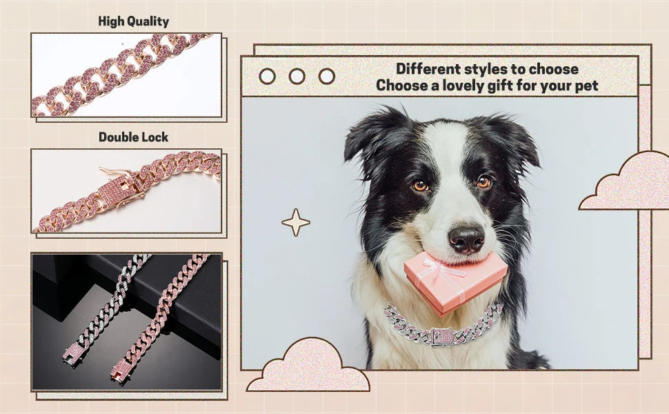 Dog Chain Collar Pink Diamond Cuban Link Necklace Metal Cat Chain Pet Crystal Collar Jewelry Accessories for Dogs Cats