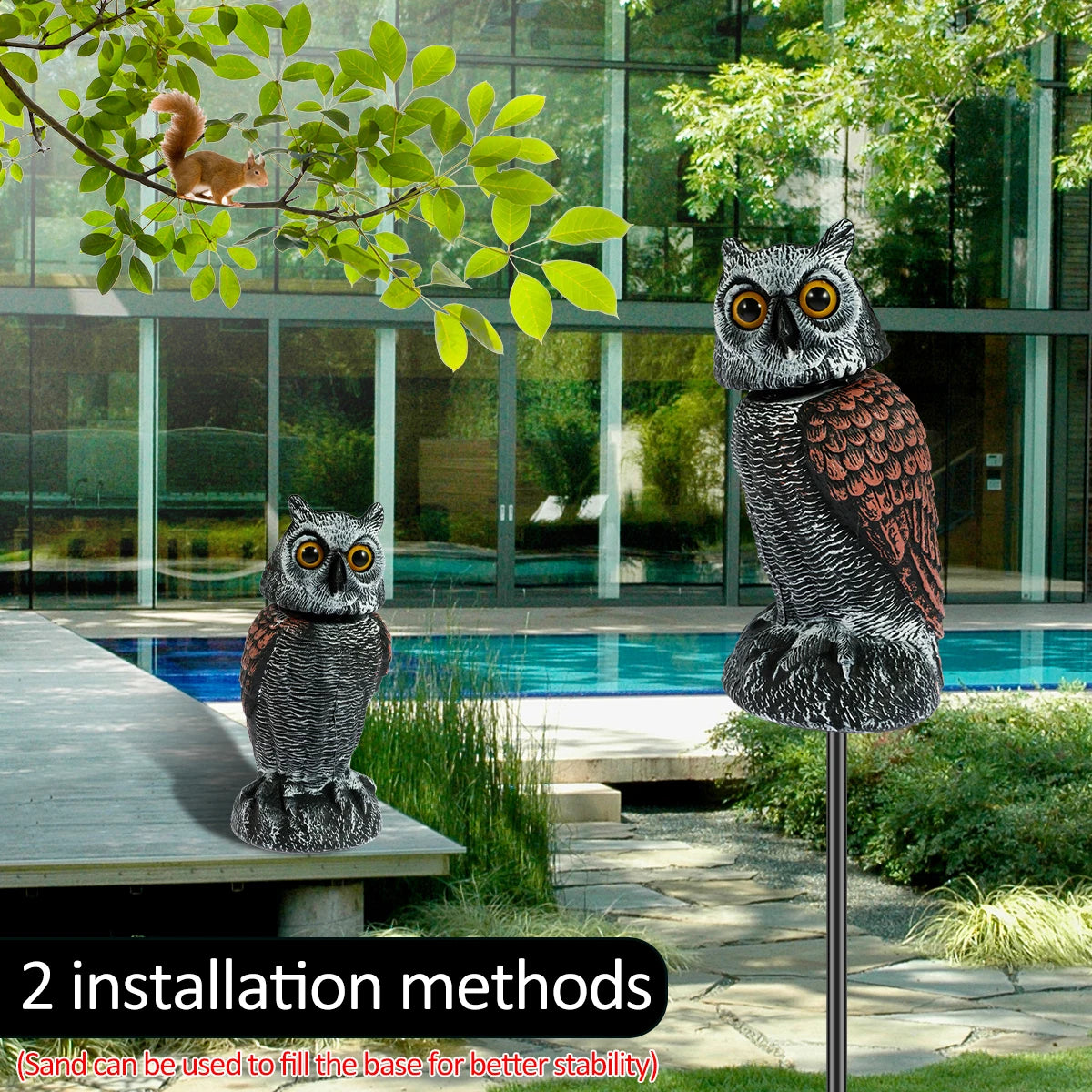 Owl Scare Bird Control Devices with 360° Swivel Head Waterproof Fake Owl Scarecrow Decoy Lifelike Simulation Owl Bird Deterrent
