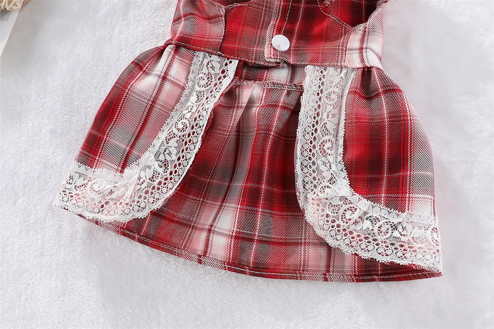 Plaid Dog Dress Bowtie Harness Dress for Small Dogs Cats Girl Cute Lace Trim Princess Dresses Spring Summer Puppy Rabbit Clothes