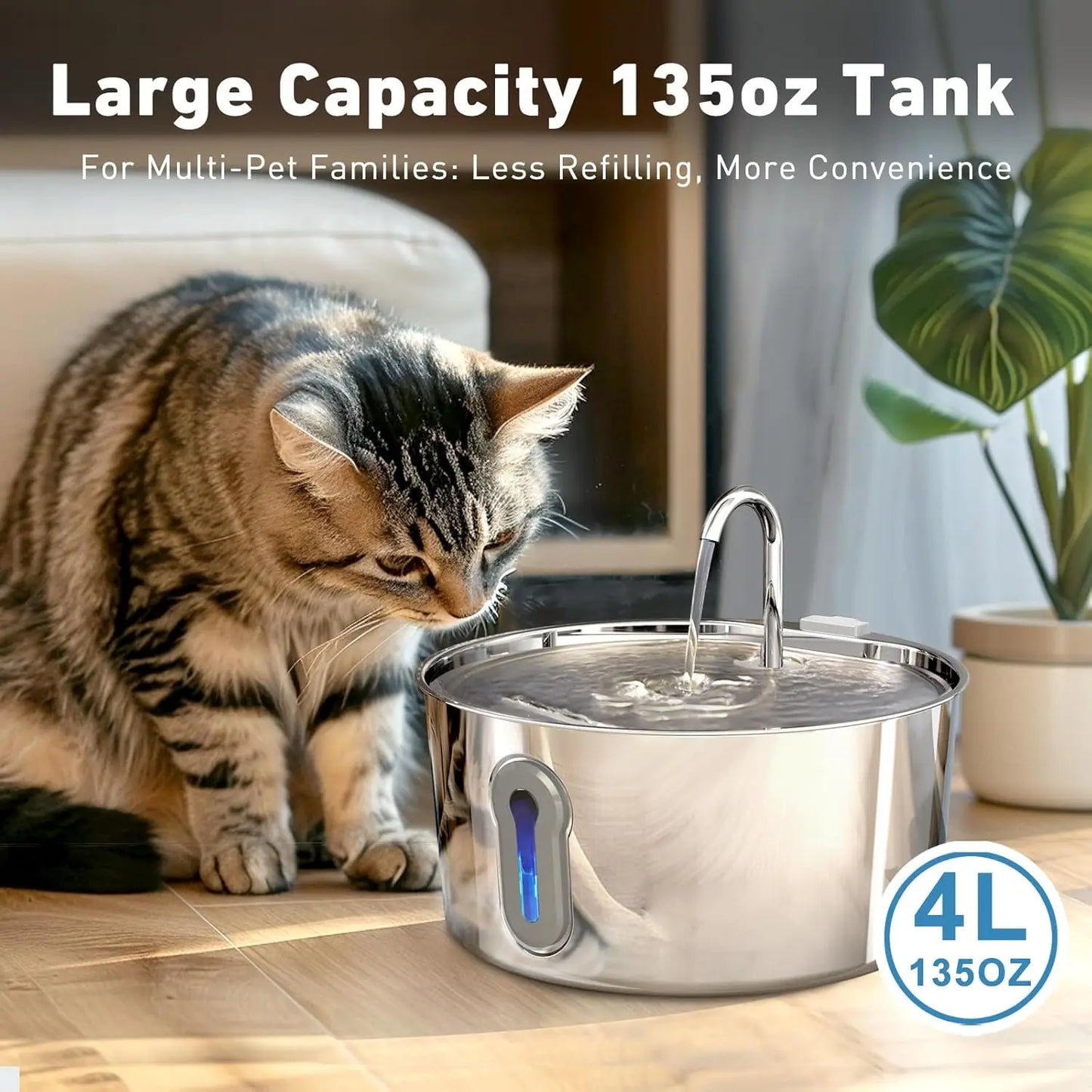 Stainless Steel Cat Water Fountain & 8+4 Replacement filters, 135oz/4L Automatic Pet Fountain Dog Water Dispenser for Cats Dogs