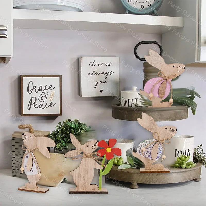 2025 Easter Wooden Rabbit Ornaments Standing Bunny with Flower for Spring Easter Party Home Table Decoration DIY Crafts Supplies