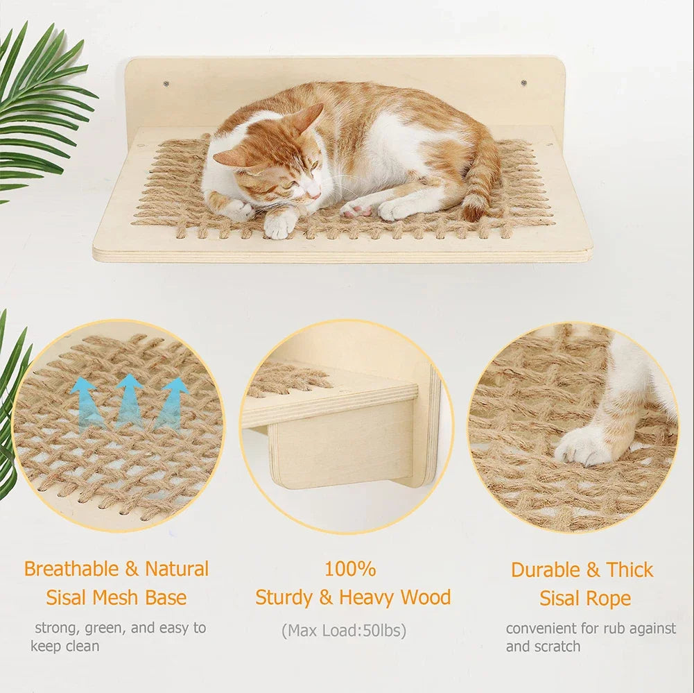 Cat Bed Wall Mounted Hammock For Large Cats or Kitty Climbing Shelves Wooden And Sisal Rope Hammock And Perches Jumping Platform