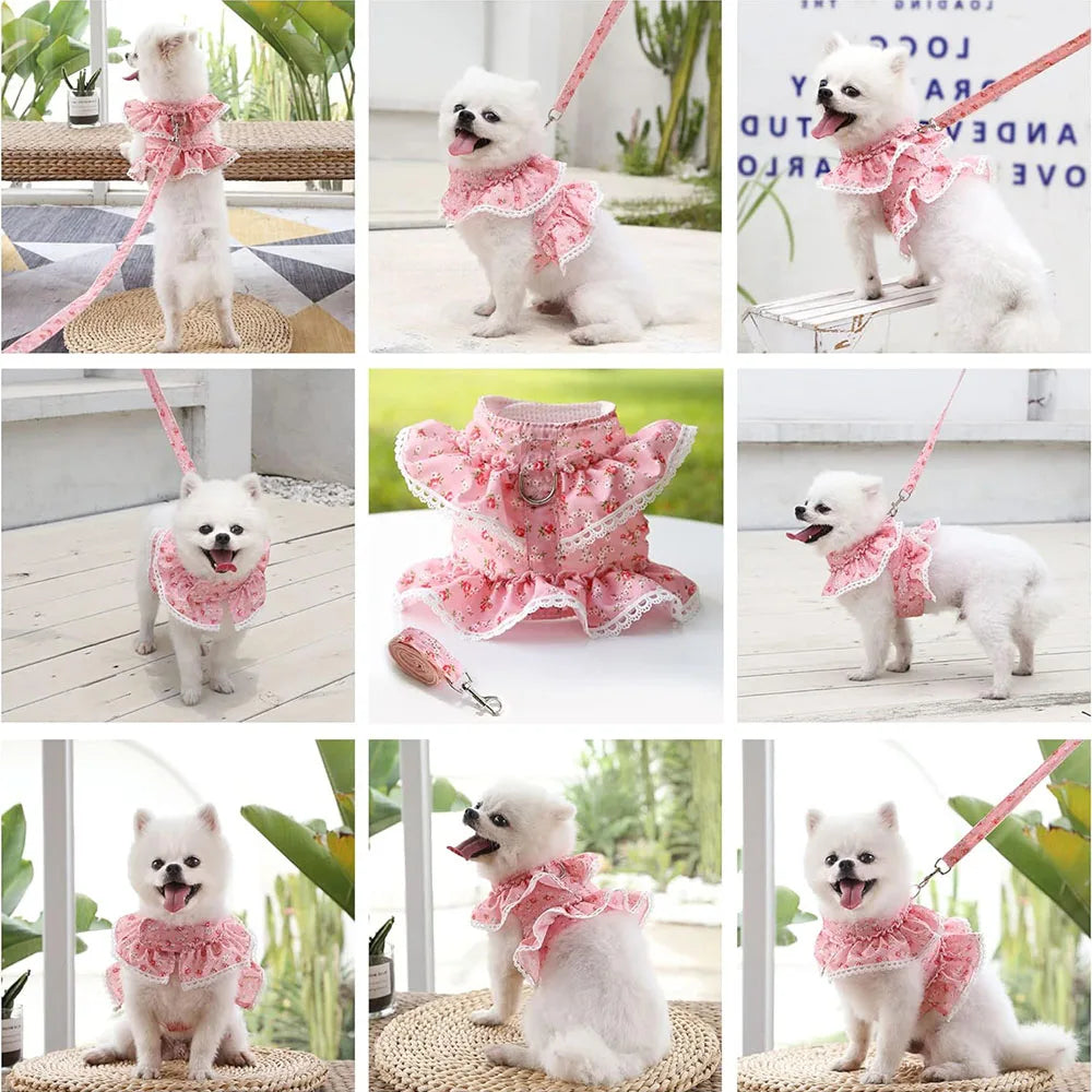 Pink Flower Puppy Harness Mesh Breathable Small Girl Dog Cat Vest Harness Cute Doggy Lace Dress Harness with Leash for Walking