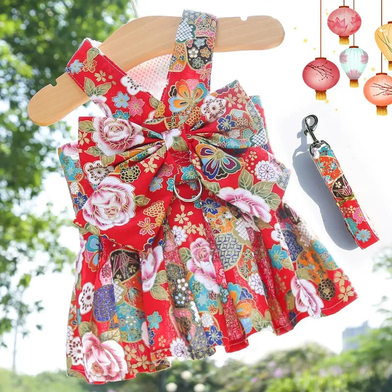 2023 New Pet Dog Harness and Leash Vest Breathable Checked Bowknot Cat Dress Teddy Bichon Dog Clothes Spring and Summer Outdoor