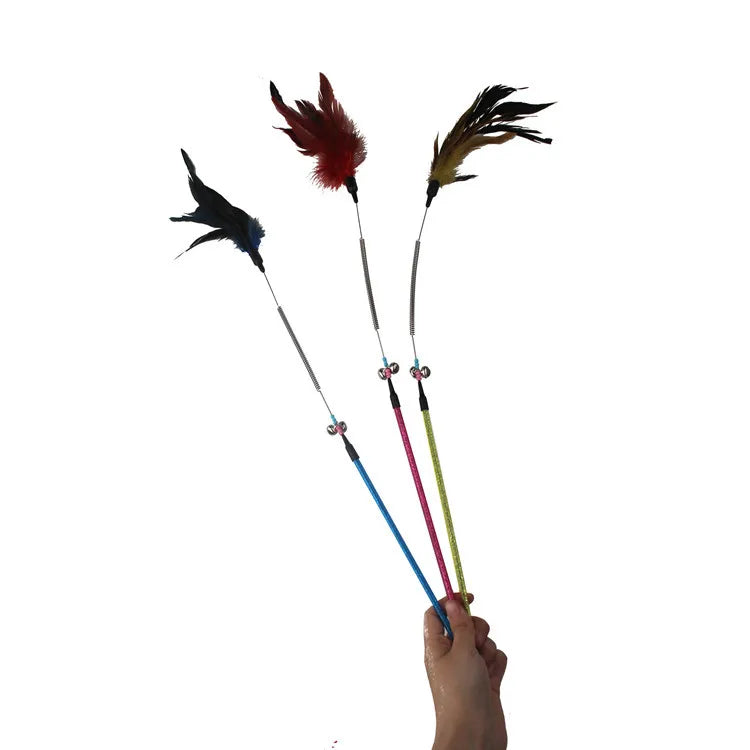 Cat Toy Cat Teaser Sticks Colored Pole Teasing Cat Stick Spring Feather Bell Feather Cat Toy Cat Supplies Self-hi Interaction