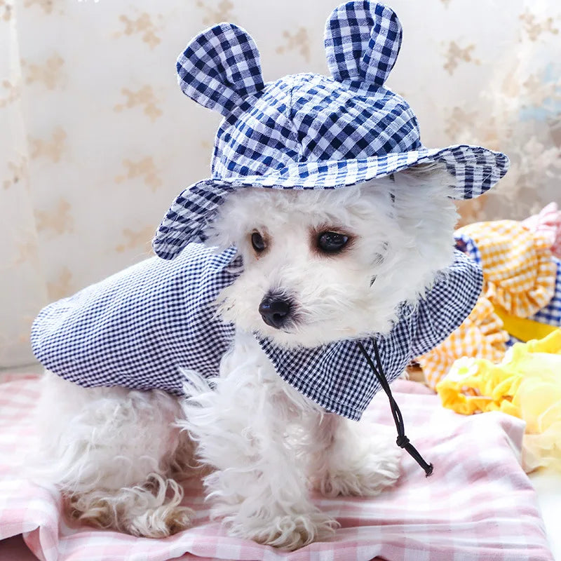 Pastoral Style Plaid Cat Hat Cute Ears Sunshade Cap for Dogs Summer Pet Headwear Unisex Outdoor Hats Chihuahua Dogs Accessories