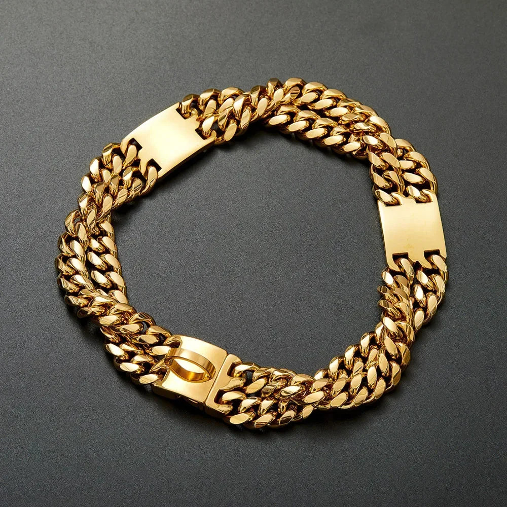 Strong Dog Double Chain Collar 2 Row Gold Cuban Link Stainless Steel Dog Training Collar Pet Metal Collar For Medium Large Dogs