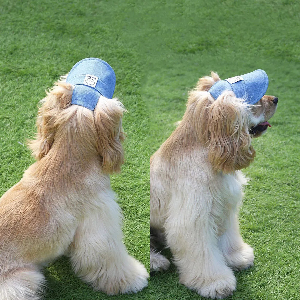 Dog Hat with Ear Holes Fashionable Denim Dog Baseball Outdoor Cap Adjustable Summer Travel Sport Hat for Small Medium Large Dogs