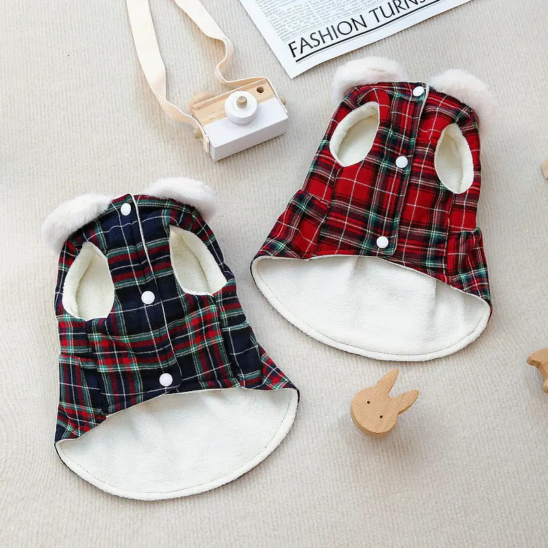 Christmas Plaid Clothes Thermal Fleece Lined Dog Winter Dress Coat with Luxury Faux Fur Collar for Small Dogs Puppy York Beagle