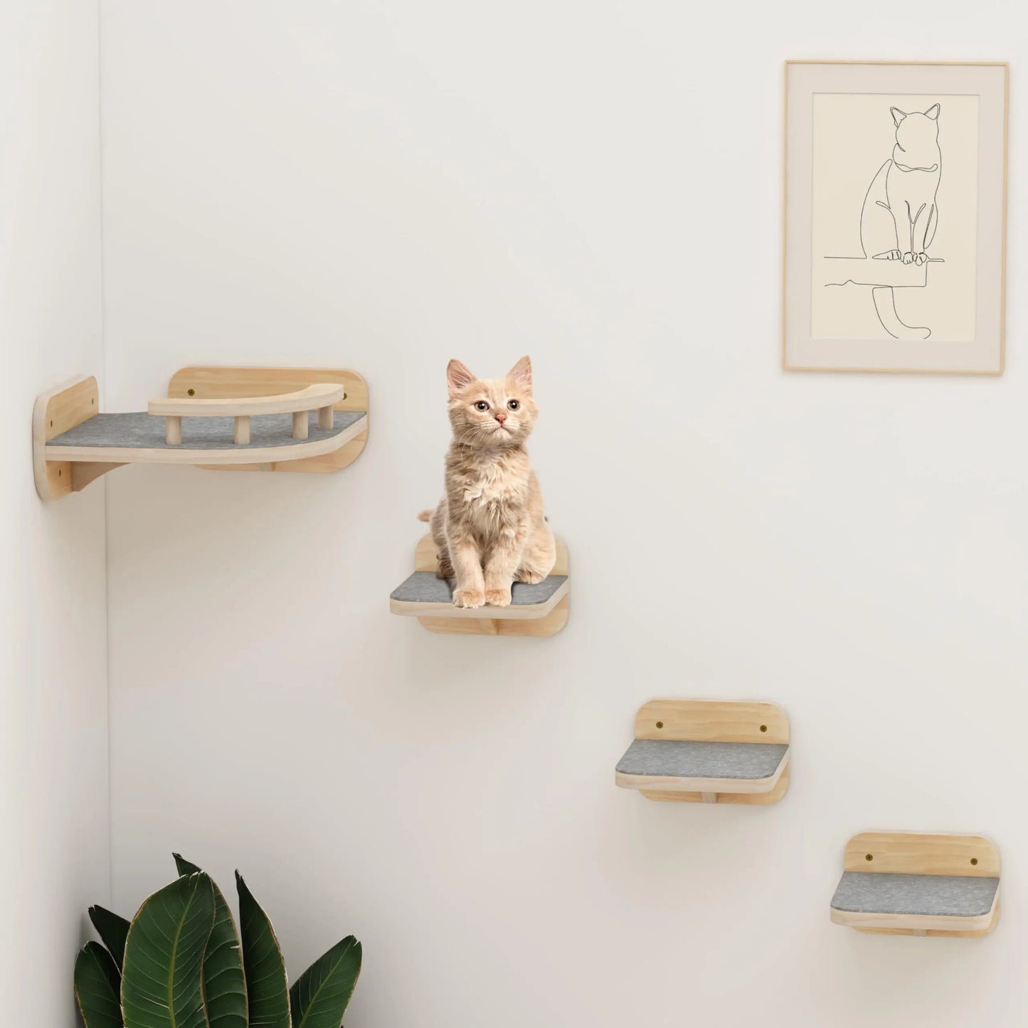 Cat Tree Wall Mounted Climbing Shelves Wooden Hammock with Ladder and Cats Perch Sleeping Pet Indoor Playground Pet Furniture