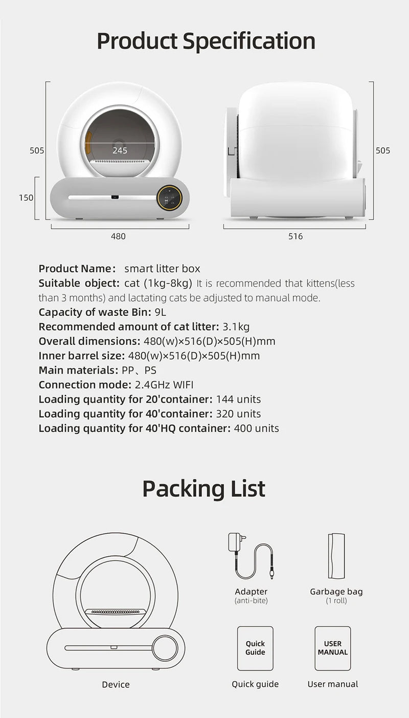 Booteely 65L Automatic Smart Cat Litter Box Self Cleaning Fully Enclosed Cat Litter Box Pet Toilet Litter Tray English versions