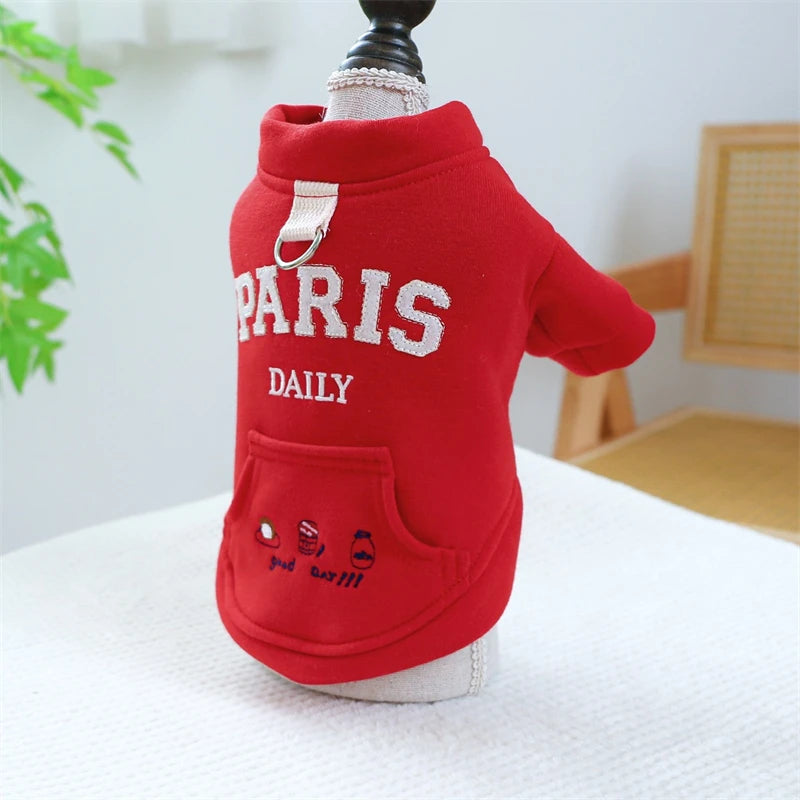 Embroidery Paris Pet Cat Sweatshirt for French Bulldog Warm Fleece Small Medium Dog Clothing New Year Winter Red Puppy Overalls