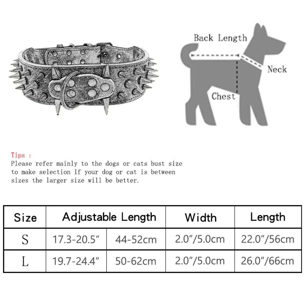 Spike Dog Collar with Big Sharp Spikes for Large Dogs Adjustable PU Leather Spiked Collar Luxury 2 Inch Wide Studded Dog Collars