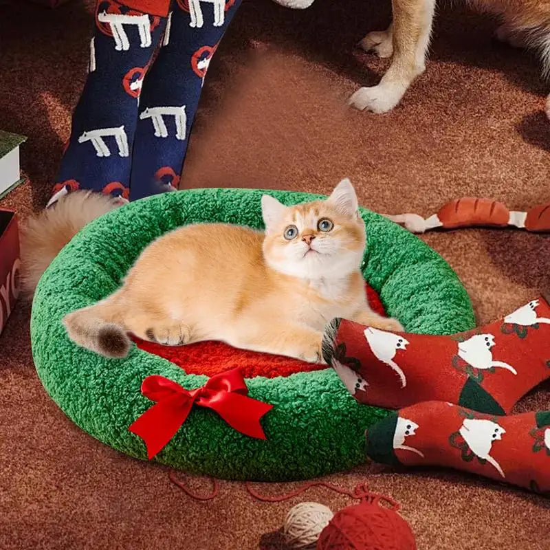 Small Pet Bed Christmas Kitten Puppy Bed Plush Cushion Soft Round Pet Cushion Comfortable Pet Plush Bed For Cats Or Small Dogs