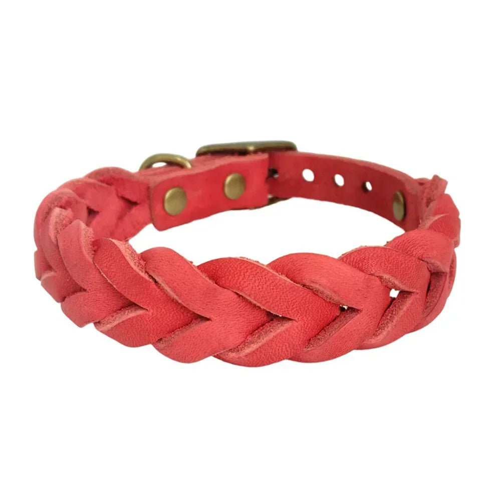 Braid Small Dog Collar Handmade from Thick Full Grain Leather Soft Durable Sturdy Material Belt Buckle Collar for Medium Breeds