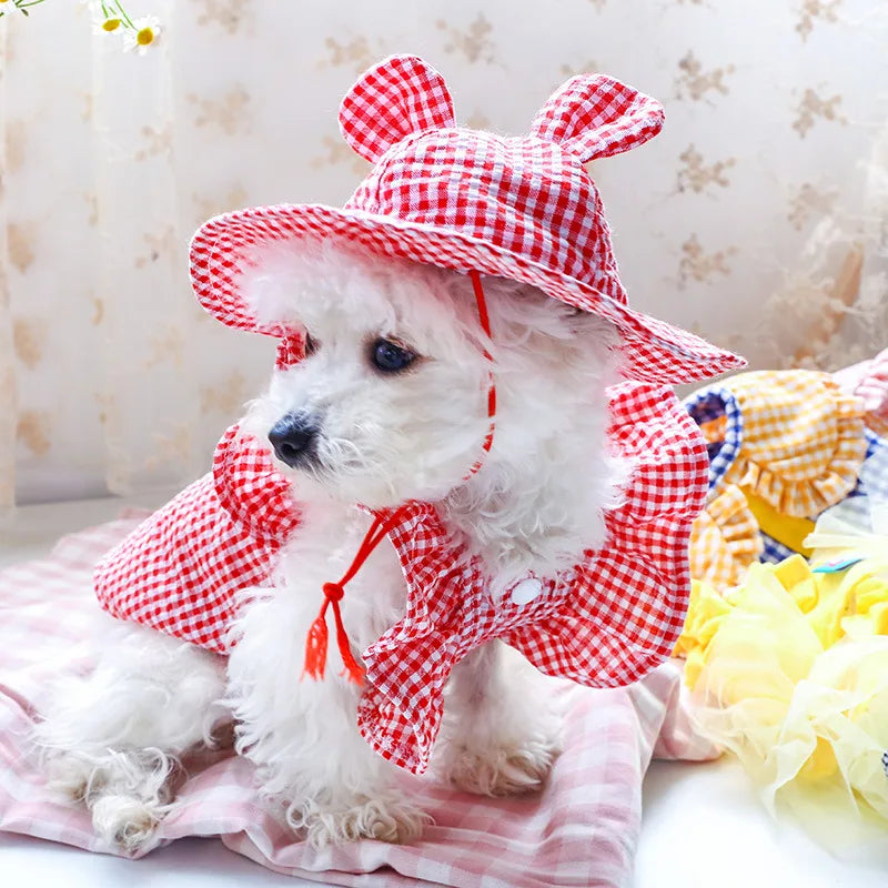 Pastoral Style Plaid Cat Hat Cute Ears Sunshade Cap for Dogs Summer Pet Headwear Unisex Outdoor Hats Chihuahua Dogs Accessories