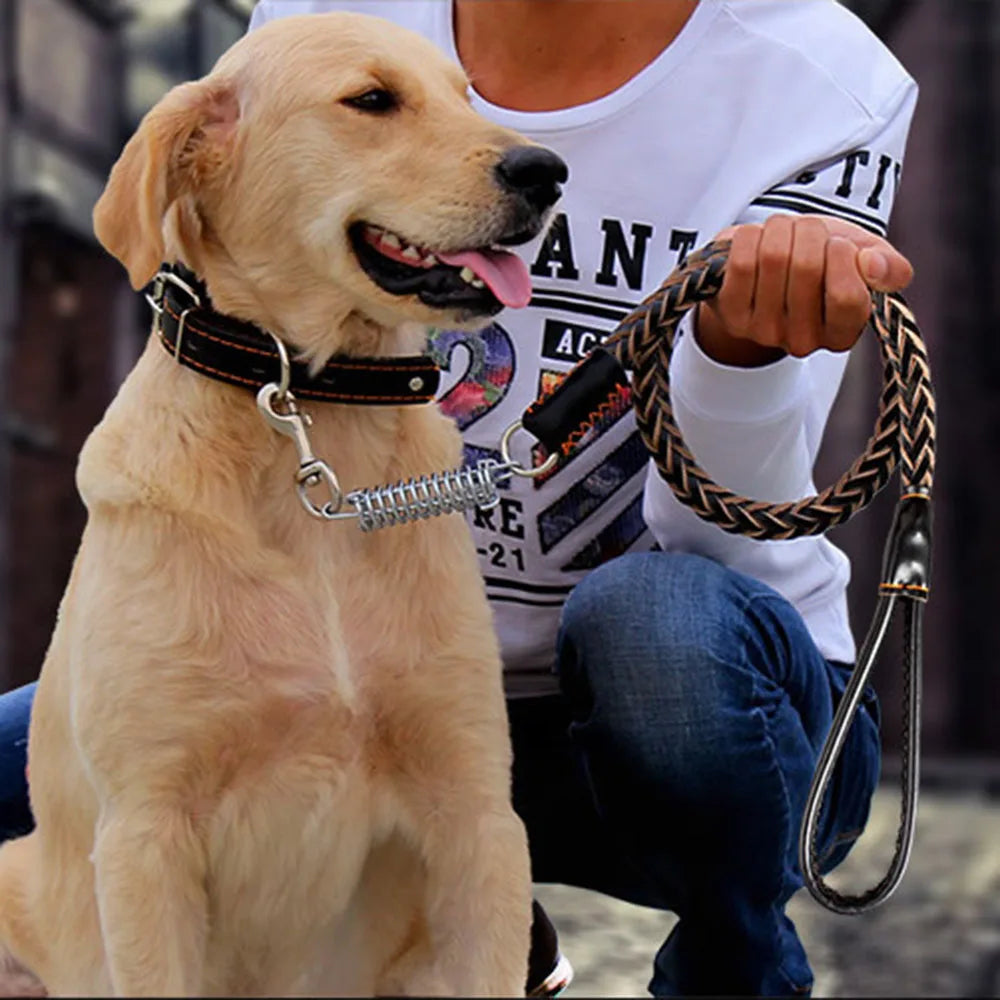 No Pull Leather Dog Leash Durable Cowhide Braided Dog Leash Buffer Spring Design for Training Walking Large and Medium Dogs Pets