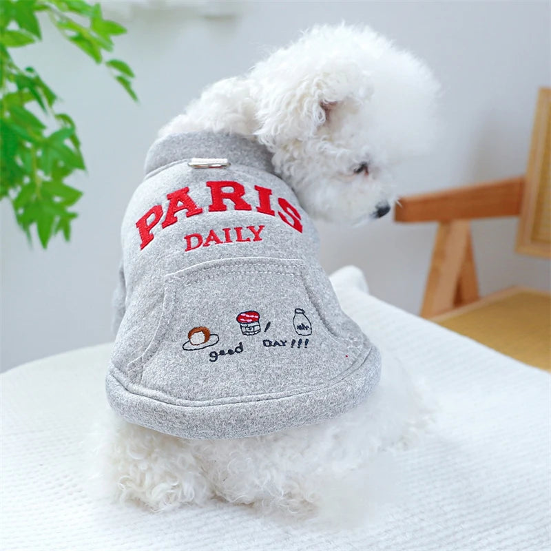 Embroidery Paris Pet Cat Sweatshirt for French Bulldog Warm Fleece Small Medium Dog Clothing New Year Winter Red Puppy Overalls