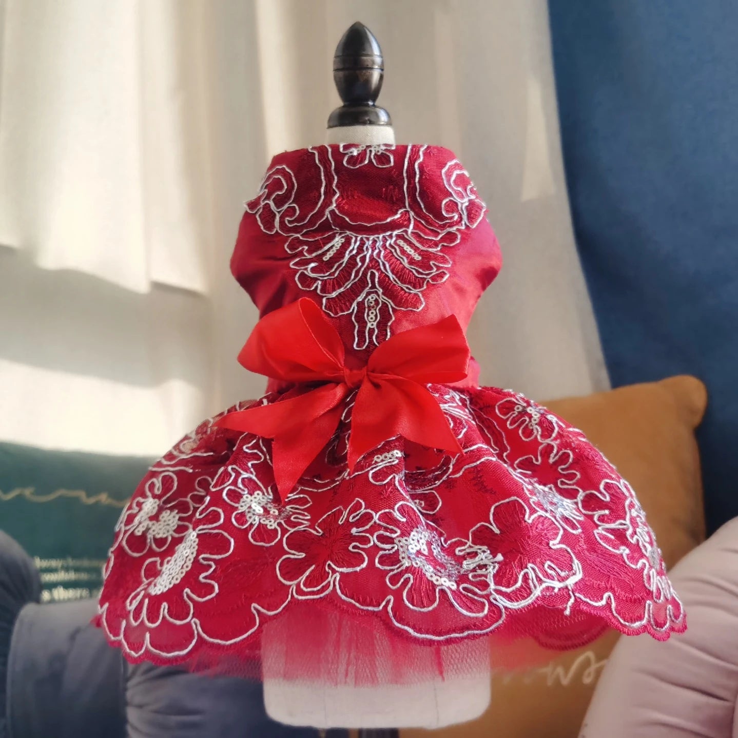 Floral Embroidered Lace Dog Dress for Small Dogs Luxury Design Dog Clothes Summer Bowknot Princess Dress Pet Apparel