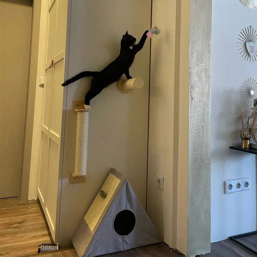 Cat Wall Mounted Shelf Furniture Wooden Cat Bed and Scratcher Post with Climbing Ladder Widen Steps for Kitten Play and Rest