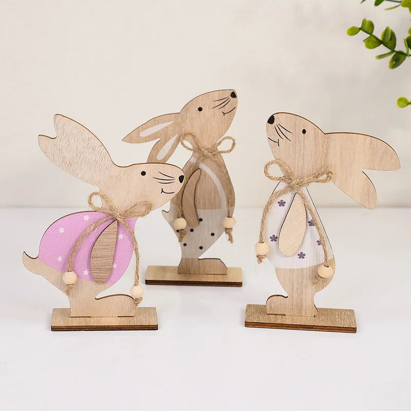 2025 Easter Wooden Rabbit Ornaments Standing Bunny with Flower for Spring Easter Party Home Table Decoration DIY Crafts Supplies