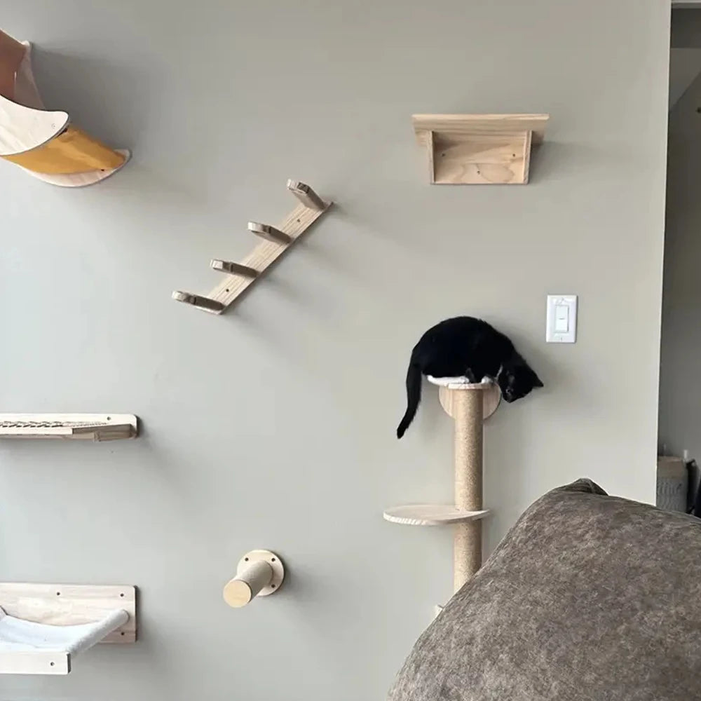 Cat Climbing Shelf Furniture Wall Mounted Cat Hammock and Wooden Stairway with Scratching Post for Cats Indoor Playing and Rest