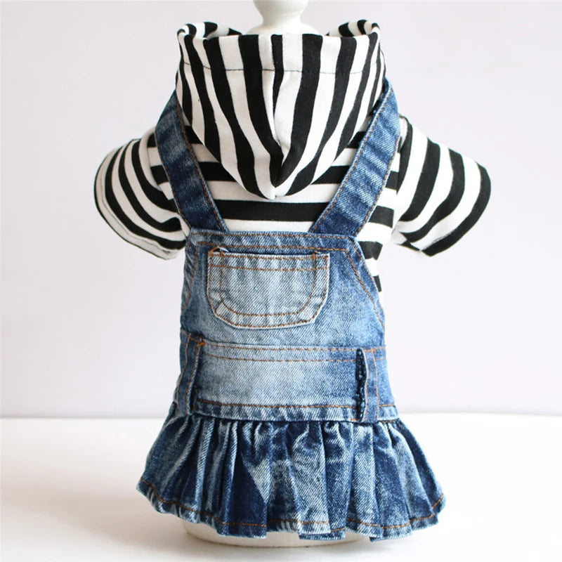 Spring Autumn Dog Clothes Dog Jeans Dress for Small Medium Dogs, Fashion Pet Denim Jacket Stripe Shirt Hooded Coat Puppy Skirts
