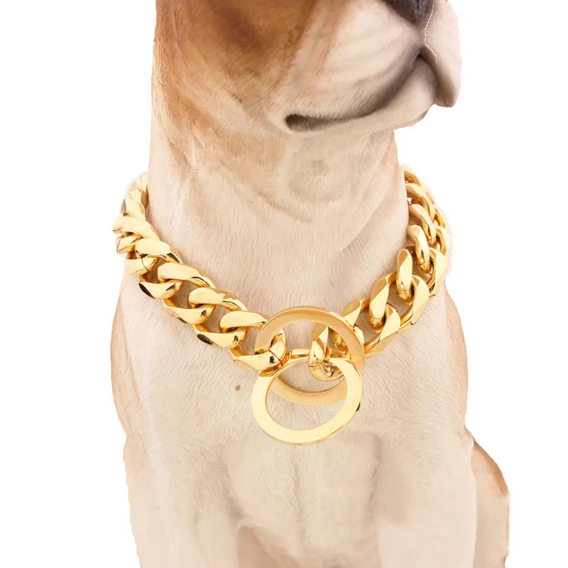 Strong Choke Chain Dog Collar Luxury 15MM 18K Gold Stainless Steel Cuban Link Metal Necklace for Small Medium Large Dogs Pitbull