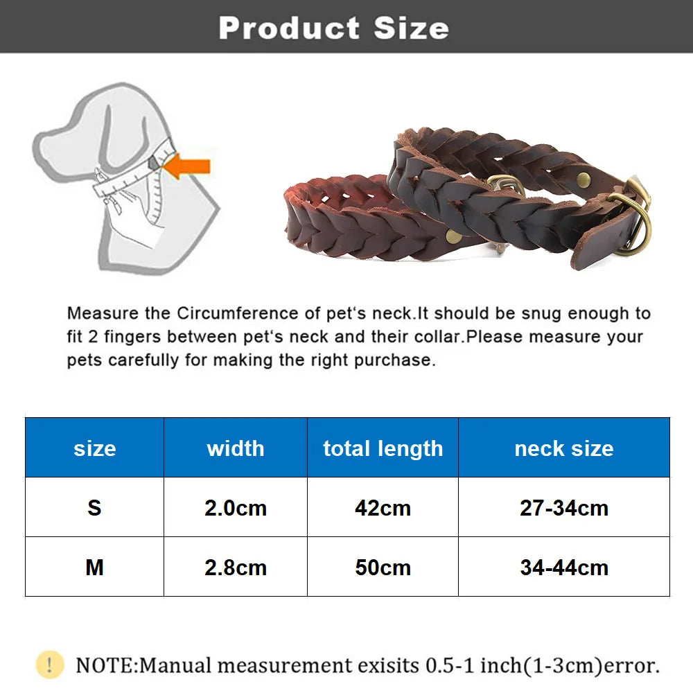 Soft Genuine Leather Braided Dog Collar Adjustable Brown Leather Dog Collar Strong and Durable for Pet Puppy Pug French Bulldog