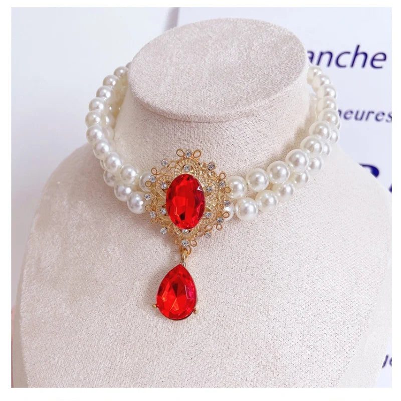 2 Rows Pet Pearls Collar Adjustable Puppy Dog Rhinestone Jewelry Necklaces with Luxury Crystal Accessories for Small Dogs Cats