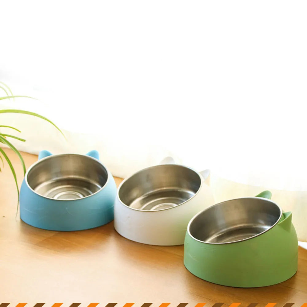 Cat Dog Bowls 15 Degrees Raised Stainless Steel Cat Bowl Safeguard Neck Puppy Pet Feeder Non-slip Crash Elevated Cat Food Bowl
