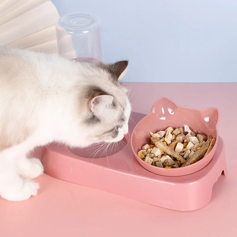 Pet Cat Bowl Automatic Feeder Water Dispenser Dog Cat Food Bowl with Drinking Raised Stand Double Dish Bowls for Cats Dogs Pet